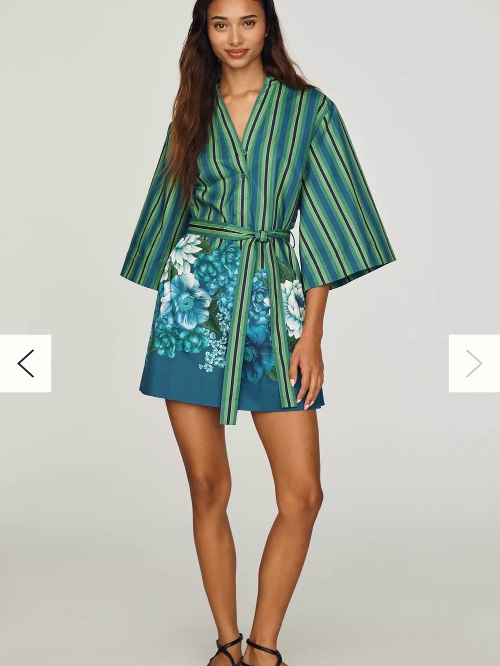 Alemais - Floral Stripe Wrap Mini Dress in Green & Teal